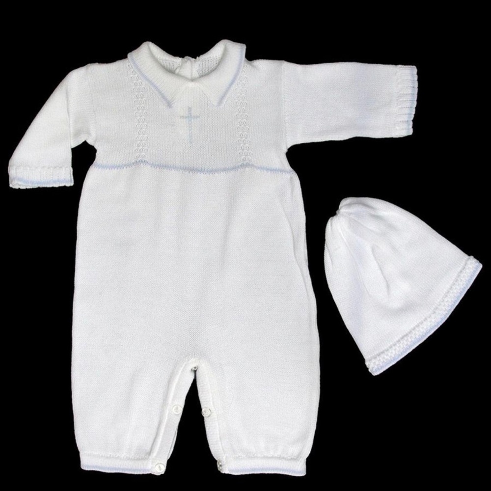 Baby’s Trousseau Knit Cross Collared Romper w/ Cap